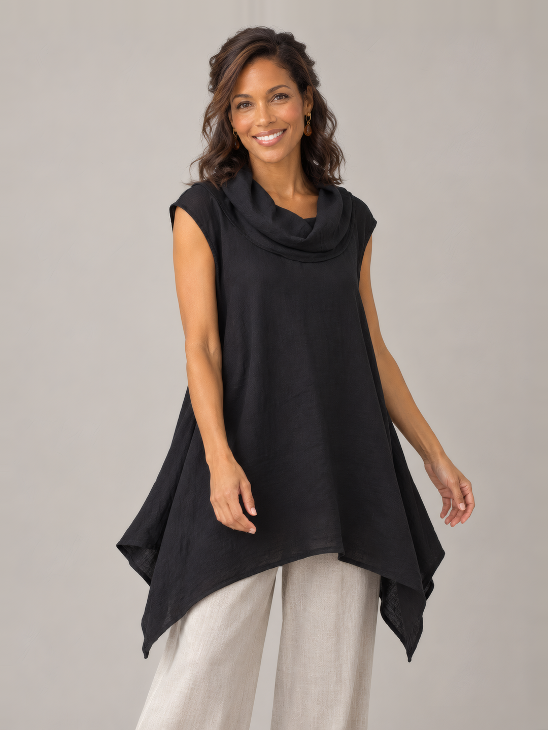 Bryn Walker Light Linen Noa Tunic in Black, front view on model