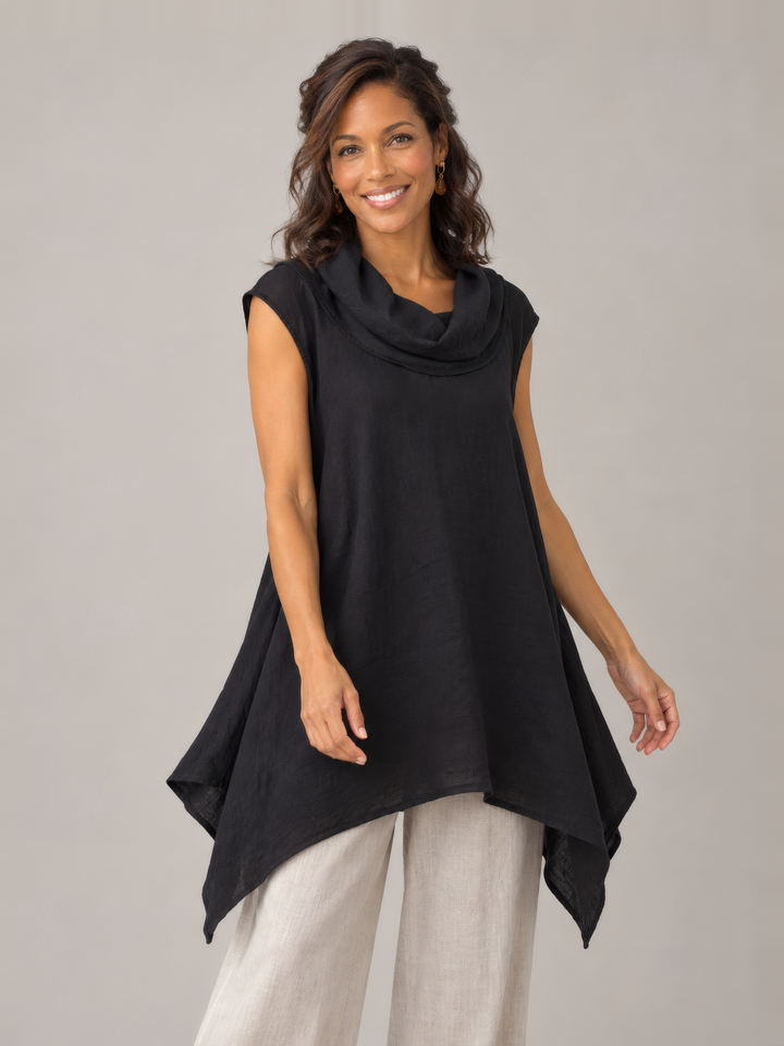 Bryn Walker Light Linen Noa Tunic in Black, front view on model