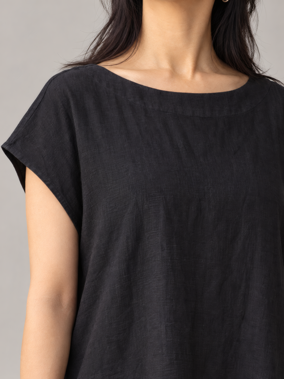 Bryn Walker Light Linen Ansley Dress in Black, close up of the fabric and details