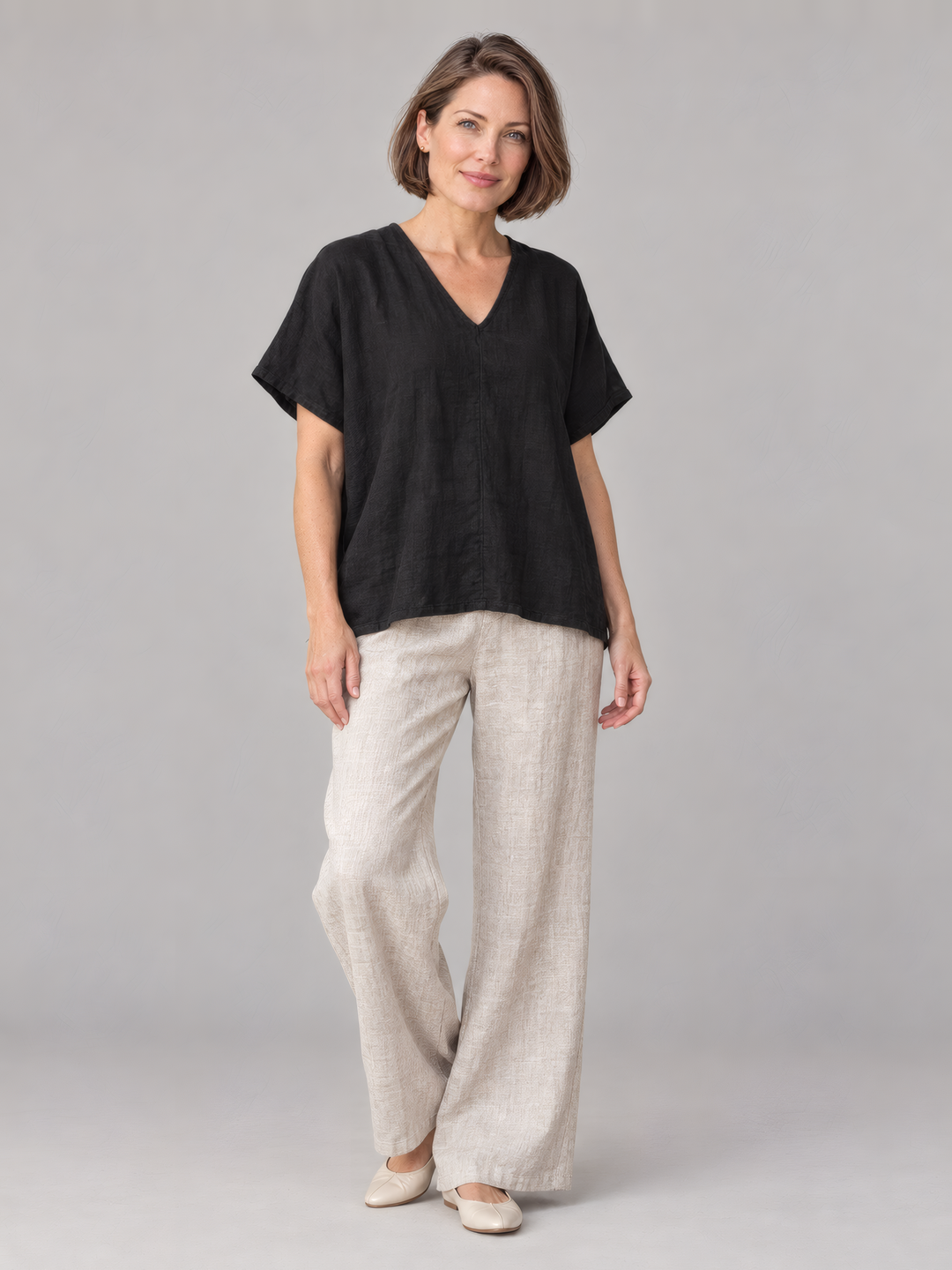 Bryn Walker Light Linen Baxter Tunic in Black, full outfit on model