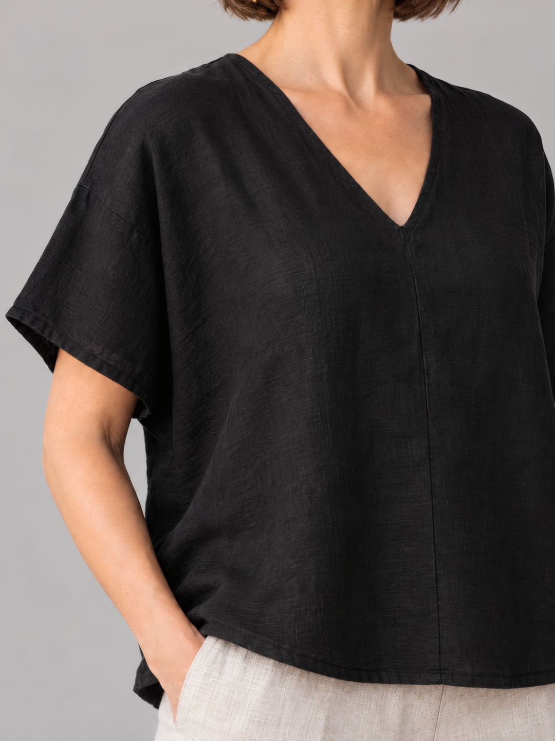 Bryn Walker Light Linen Baxter Tunic in Black, close up of the fabric and details