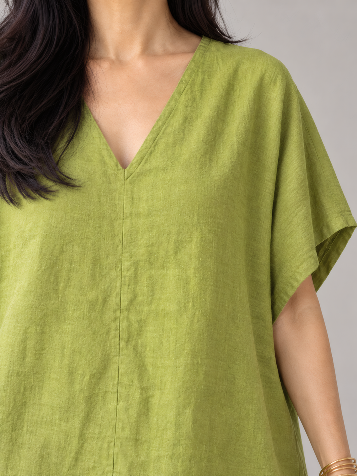 Bryn Walker Light Linen Baxter Tunic in Lacewing, close up of the fabric and details