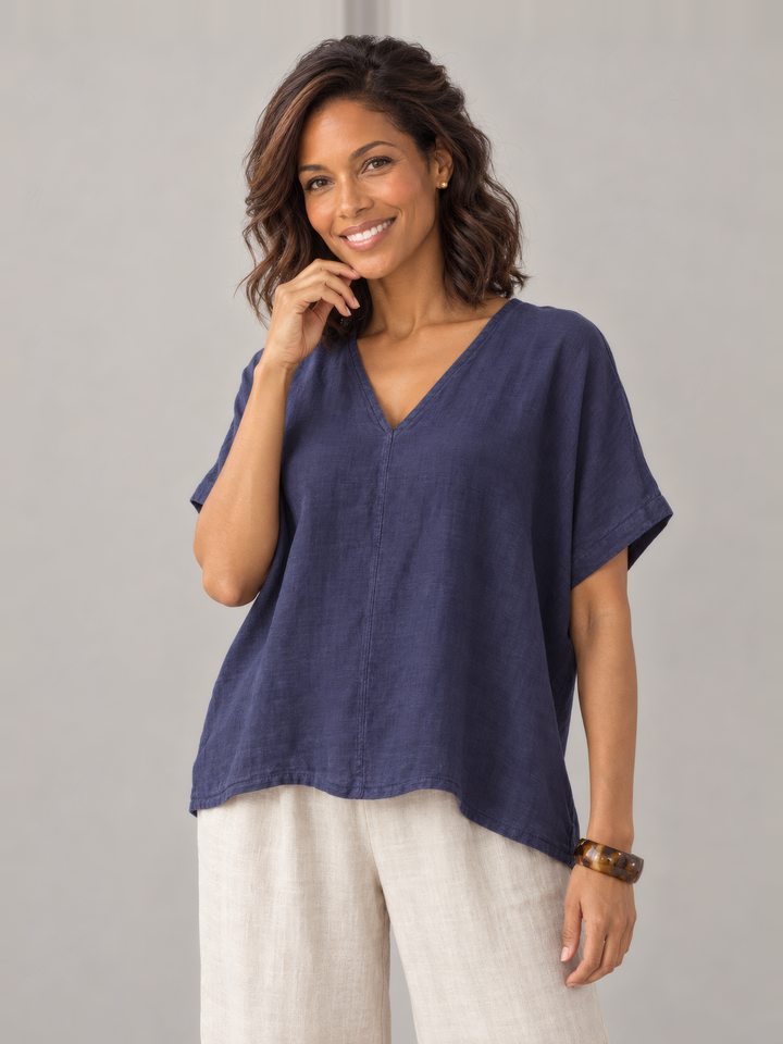 Bryn Walker Light Linen Baxter Tunic in Stargaze, front view on model