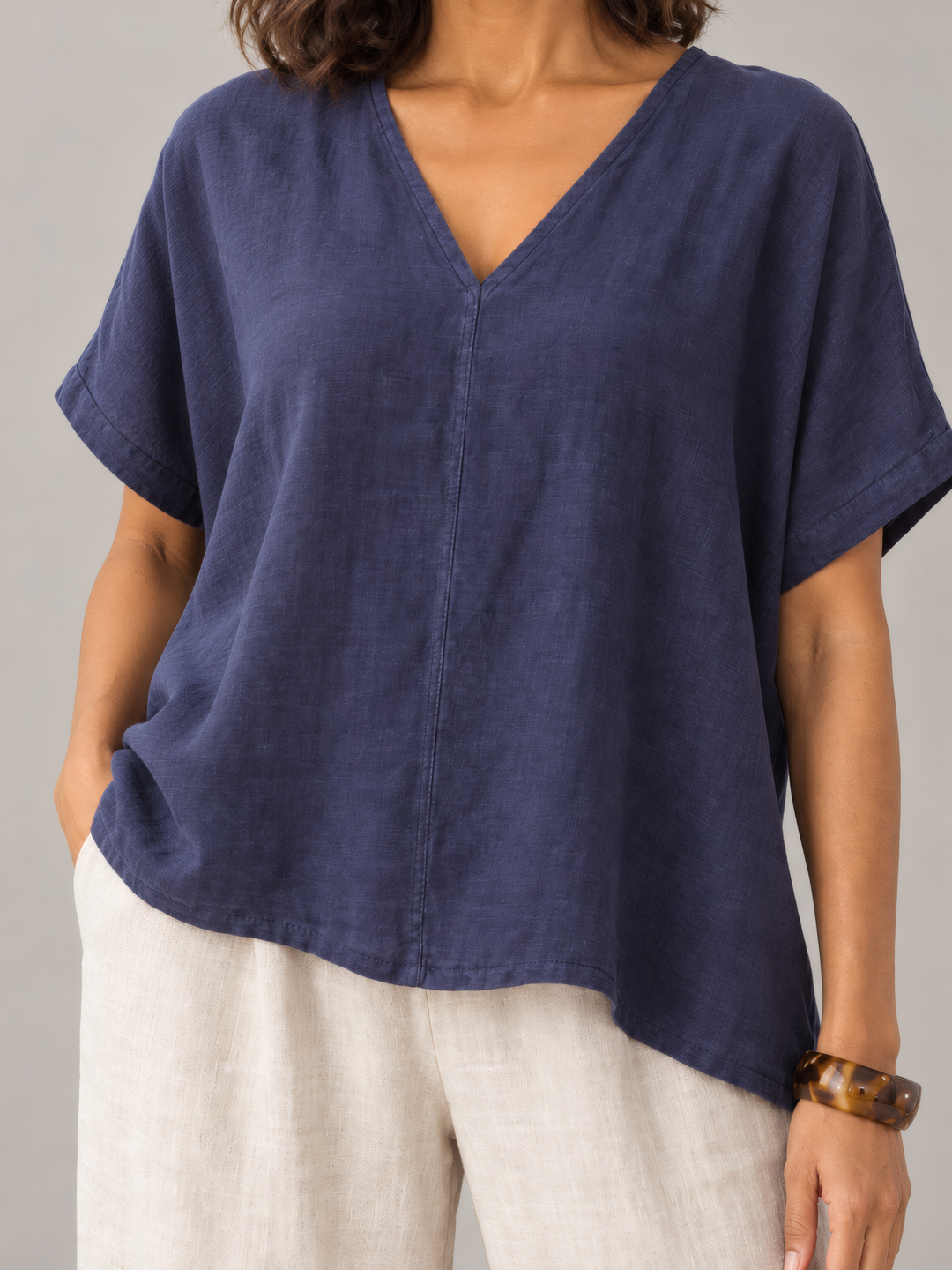 Bryn Walker Light Linen Baxter Tunic in Stargaze, close up of the fabric and details