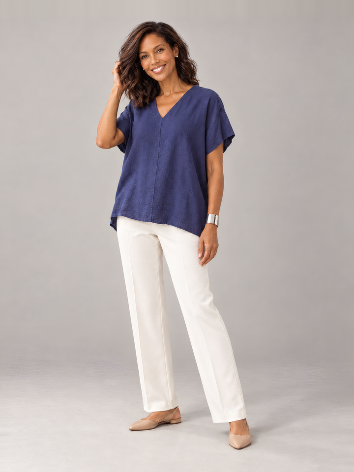 Bryn Walker Light Linen Baxter Tunic in Starlight, full outfit on model