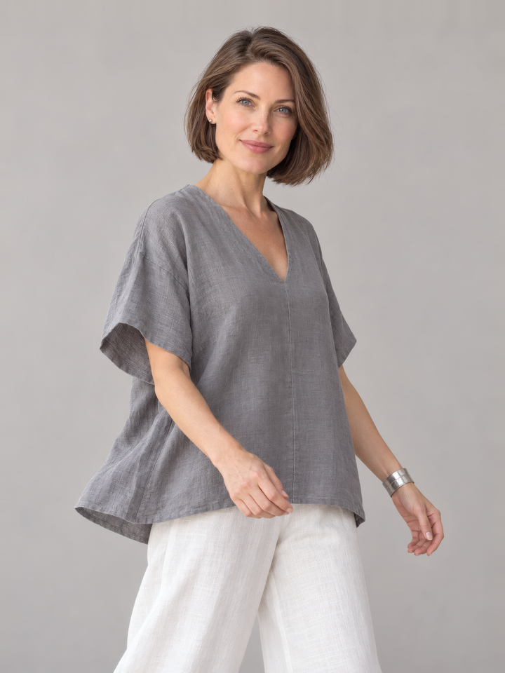 Bryn Walker Light Linen Baxter Tunic in Zinc, front view on model