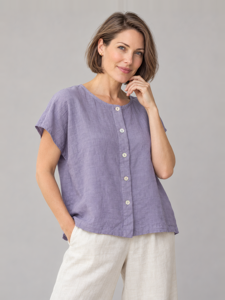 Bryn Walker Light Linen Bessie Shirt in Foxglove, front view on model