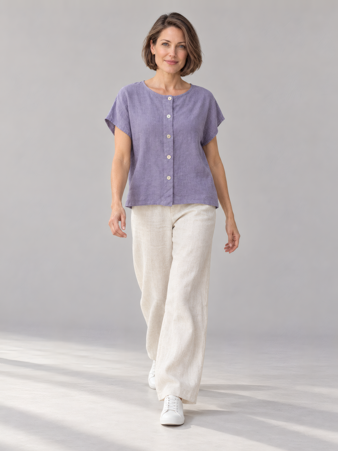 Bryn Walker Light Linen Bessie Shirt in Foxglove, full outfit on model
