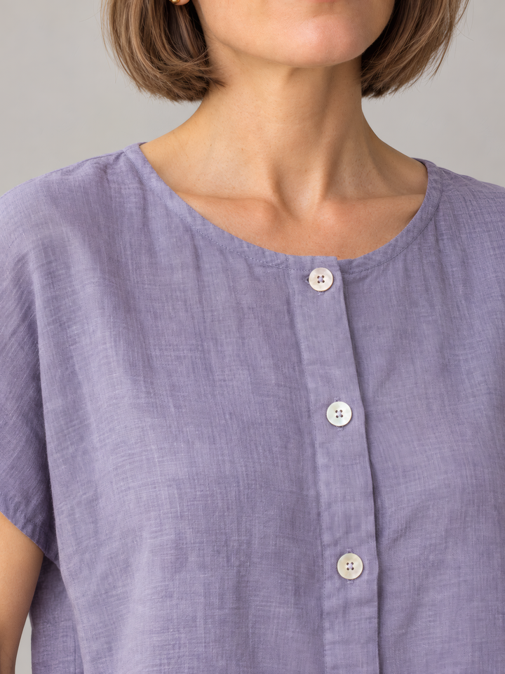 Bryn Walker Light Linen Bessie Shirt in Foxglove, close up of the fabric and details