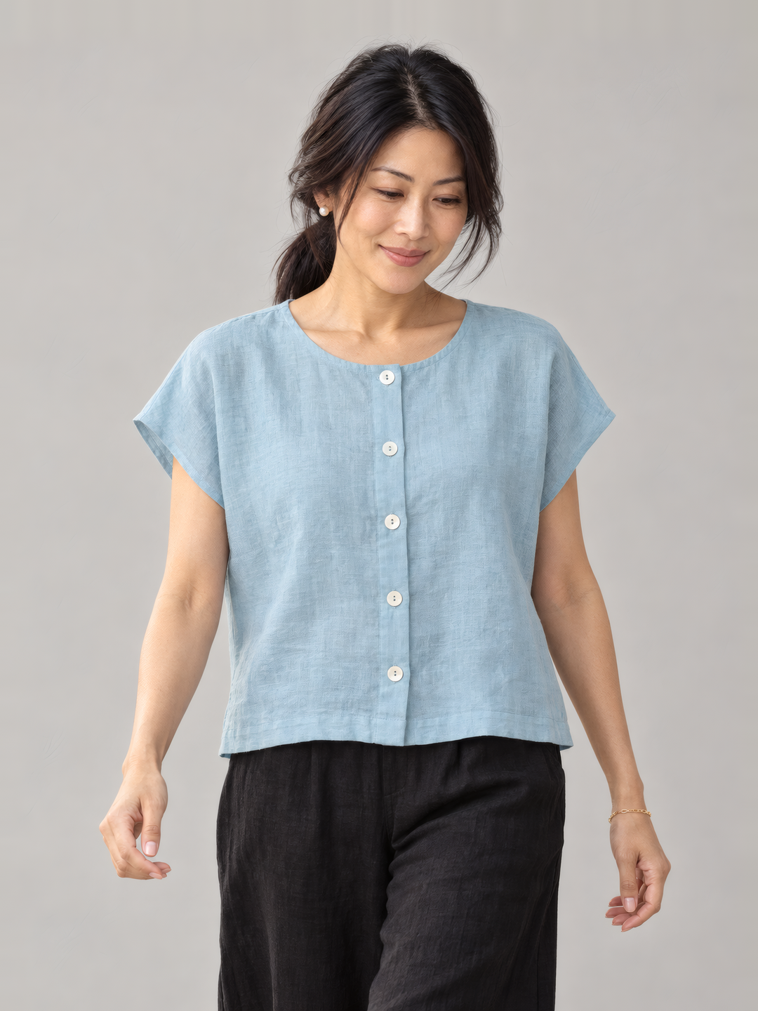 Bryn Walker Light Linen Bessie Shirt in Hydra, front view on model