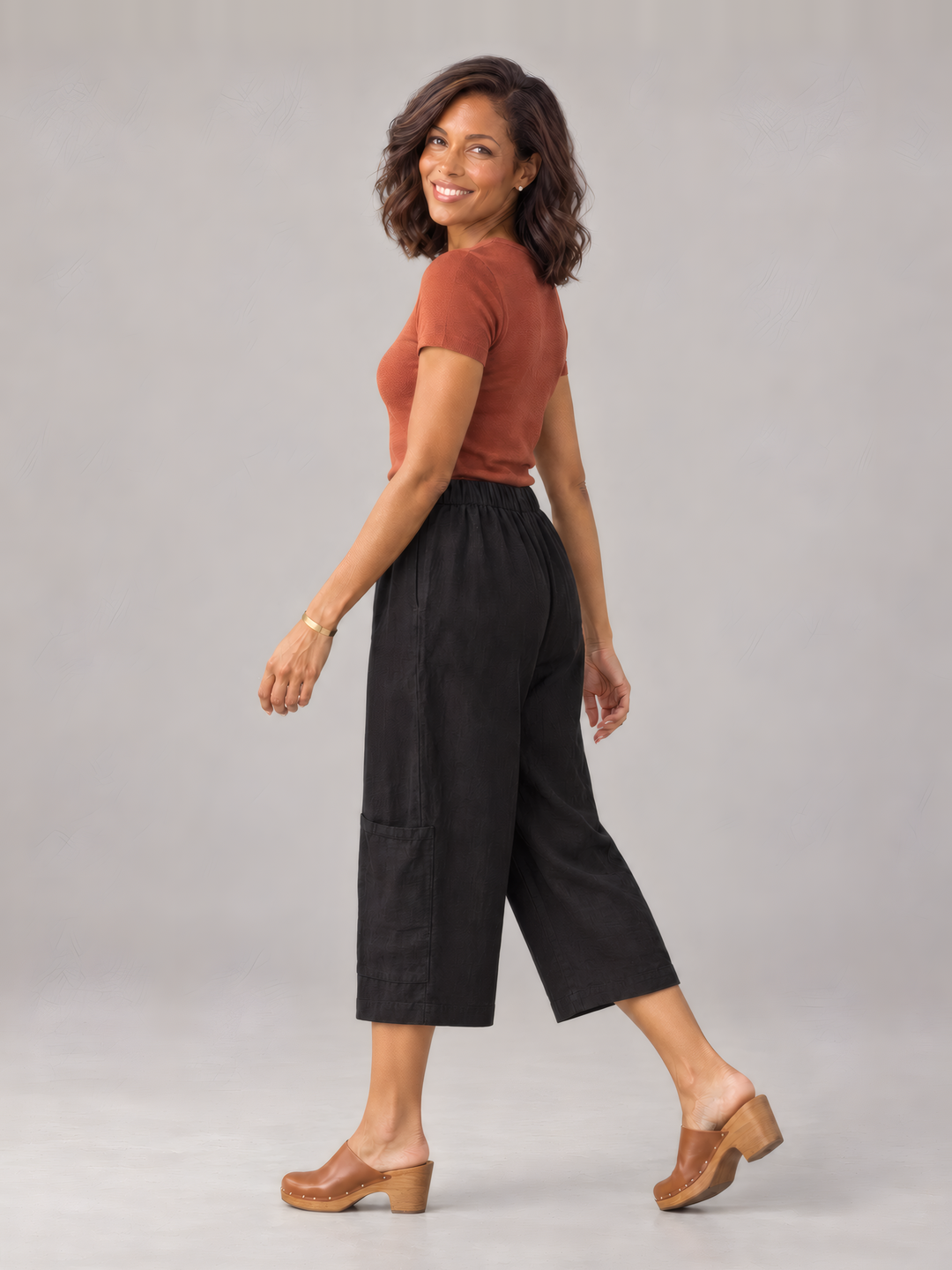 Bryn Walker Light Linen Casbah Pant in Black, front view on model