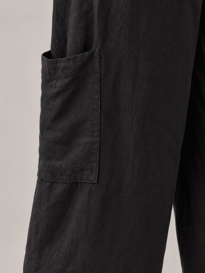 Bryn Walker Light Linen Casbah Pant in Black, close up of the fabric and details