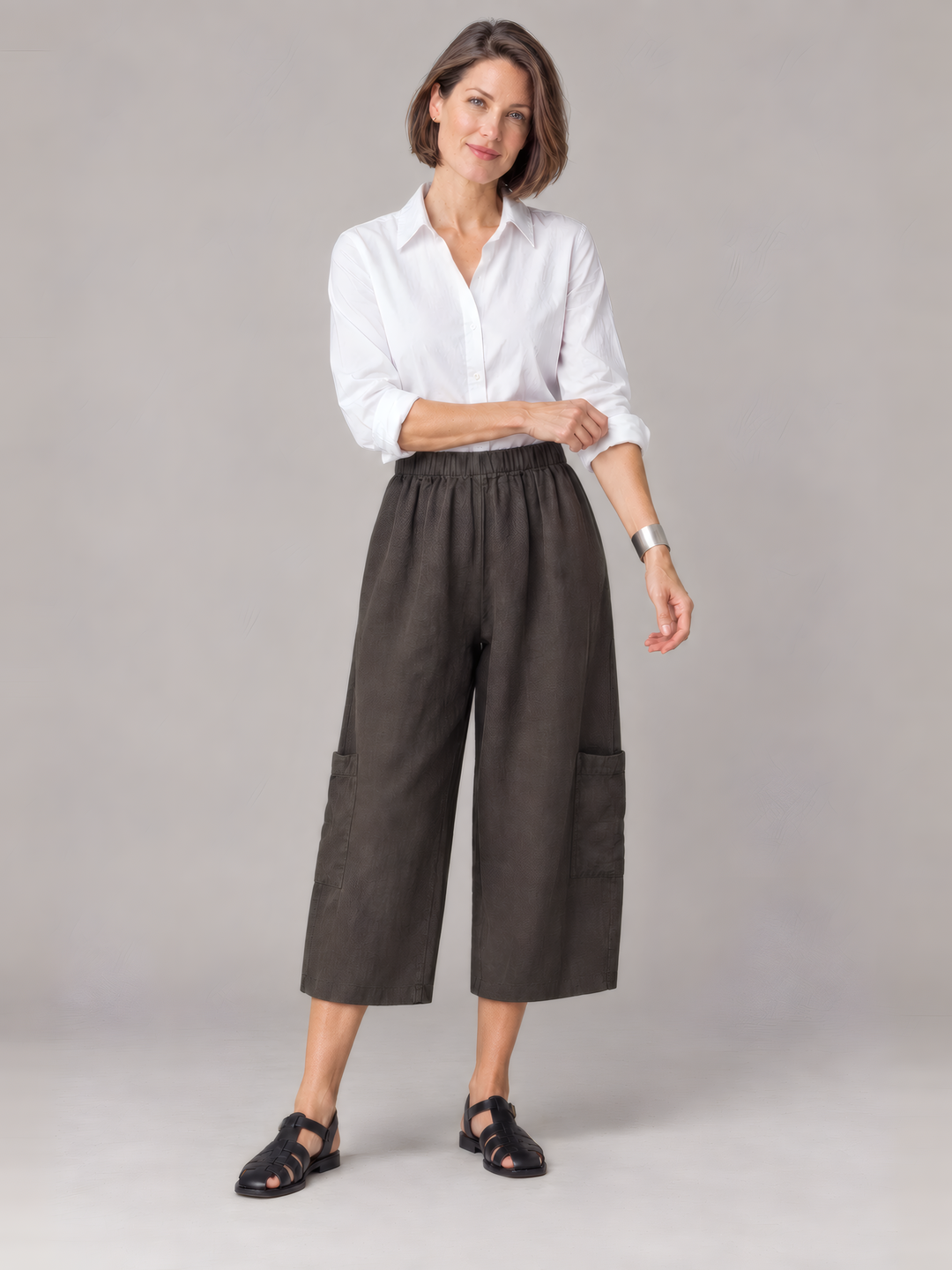 Bryn Walker Light Linen Casbah Pant in Kelp, front view on model