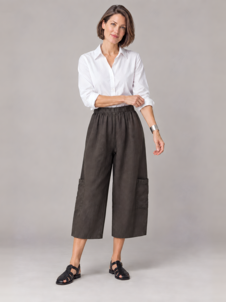 Bryn Walker Light Linen Casbah Pant in Kelp, front view on model