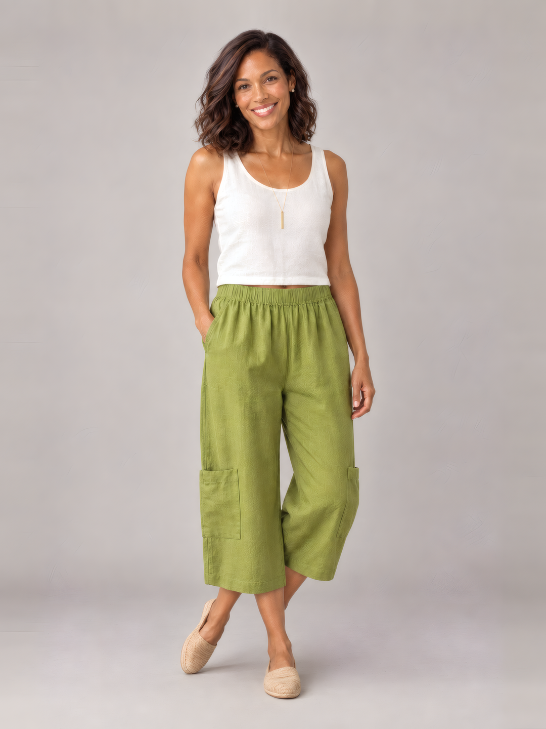 Bryn Walker Light Linen Casbah Pant in Lacewing, front view on model