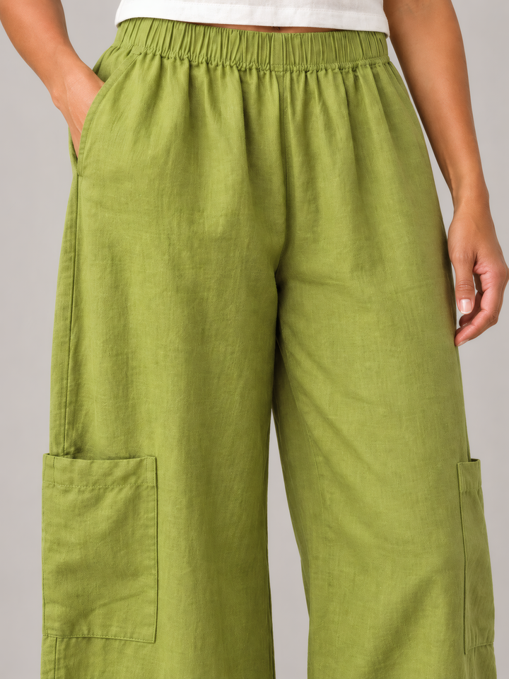 Bryn Walker Light Linen Casbah Pant in Lacewing, close up of the fabric and details