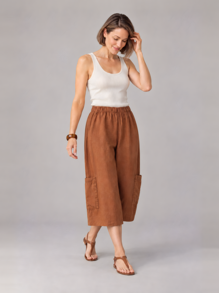 Bryn Walker Light Linen Casbah Pant in Noci, front view on model