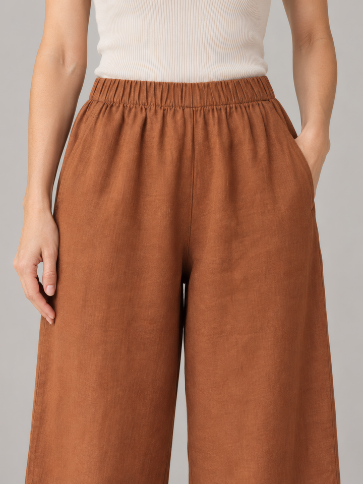 Bryn Walker Light Linen Casbah Pant in Noci, close up of the fabric and details