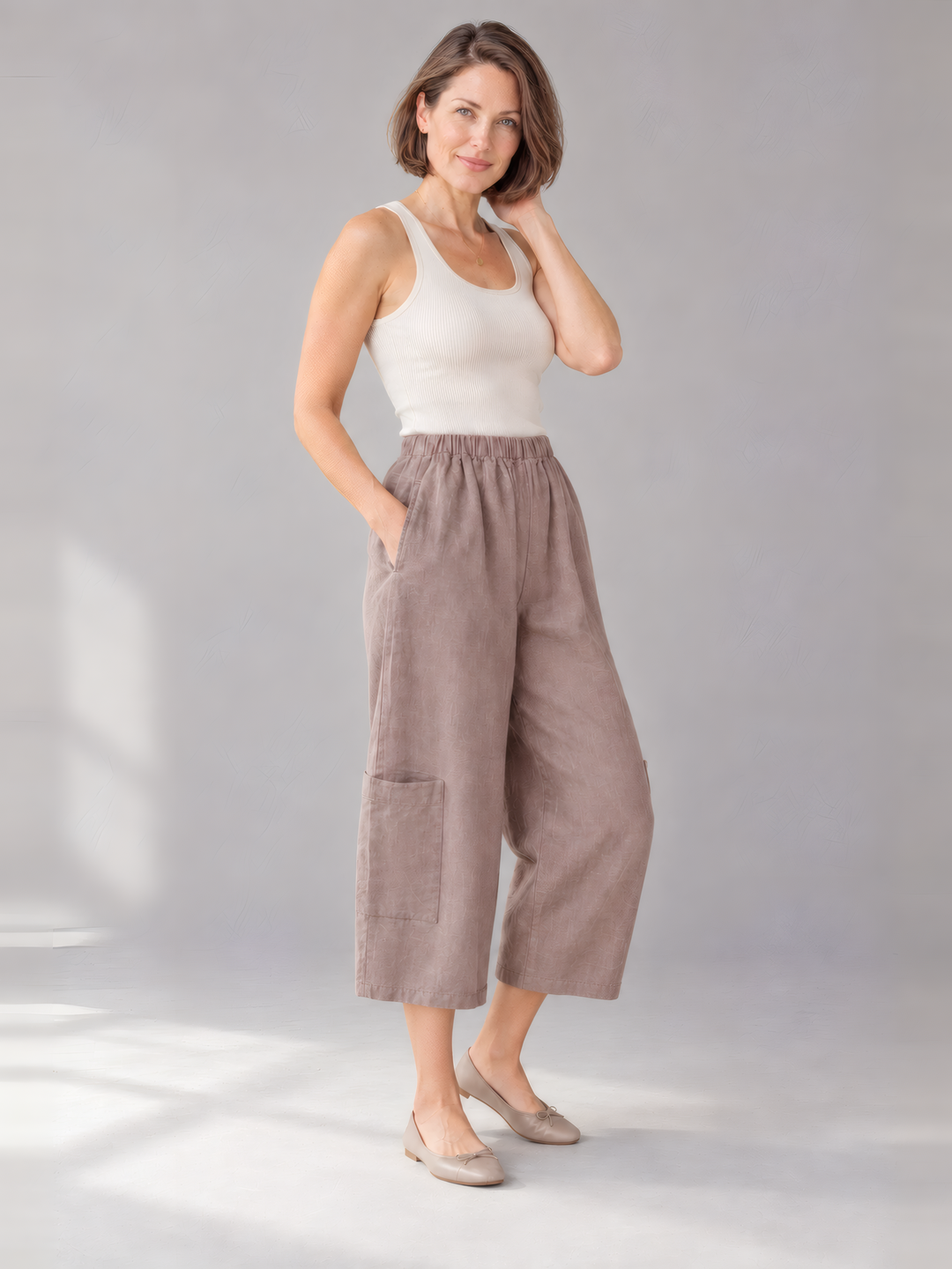 Bryn Walker Light Linen Casbah Pant in Owl, front view on model