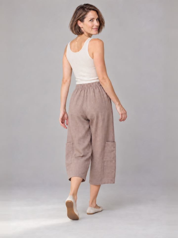 Bryn Walker Light Linen Casbah Pant in Owl, back view on model