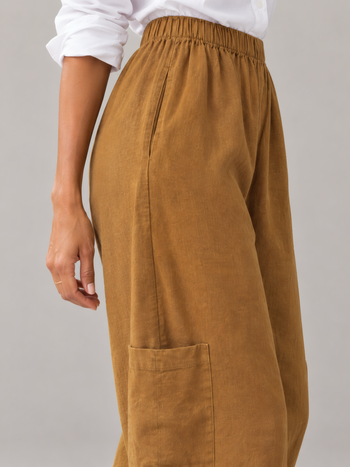 Bryn Walker Light Linen Casbah Pant in Quinquina, close up of the fabric and details