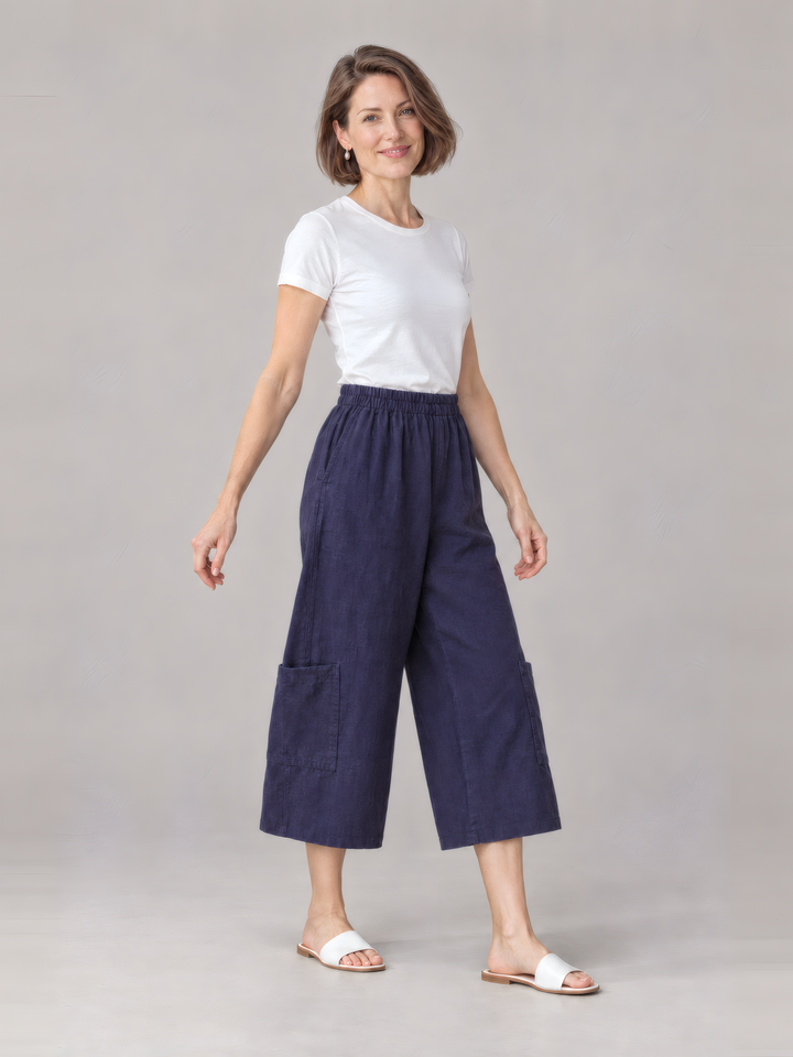 Bryn Walker Light Linen Casbah Pant in Stargaze, front view on model