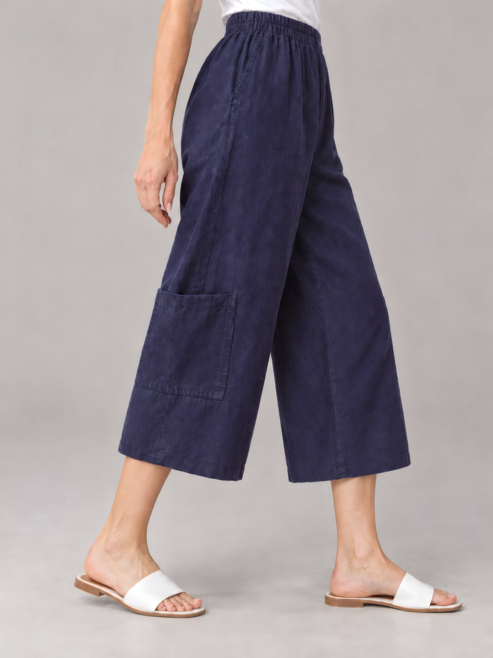 Bryn Walker Light Linen Casbah Pant in Stargaze, close up of the fabric and details