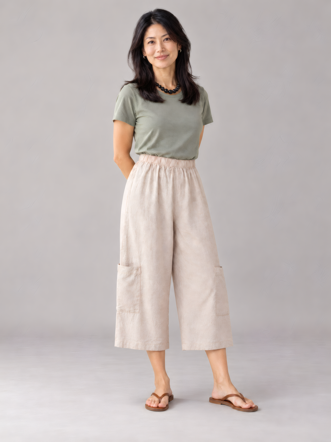 Bryn Walker Light Linen Casbah Pant in Tapioca, front view on model