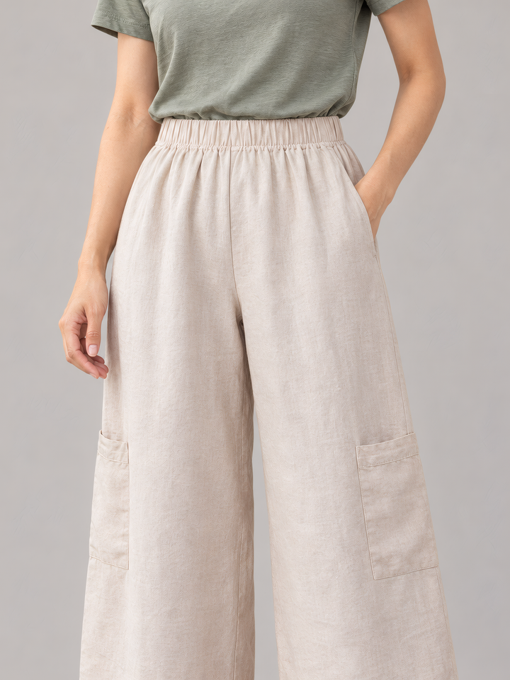 Bryn Walker Light Linen Casbah Pant in Tapioca, close up of the fabric and details