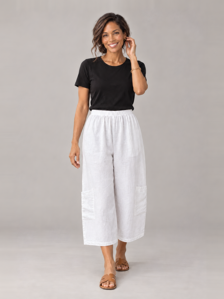 Bryn Walker Light Linen Casbah Pant in White, front view on model