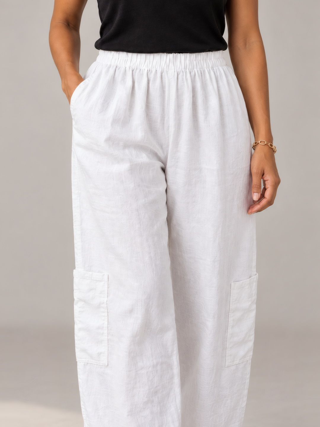 Bryn Walker Light Linen Casbah Pant in White, close up of the fabric and details