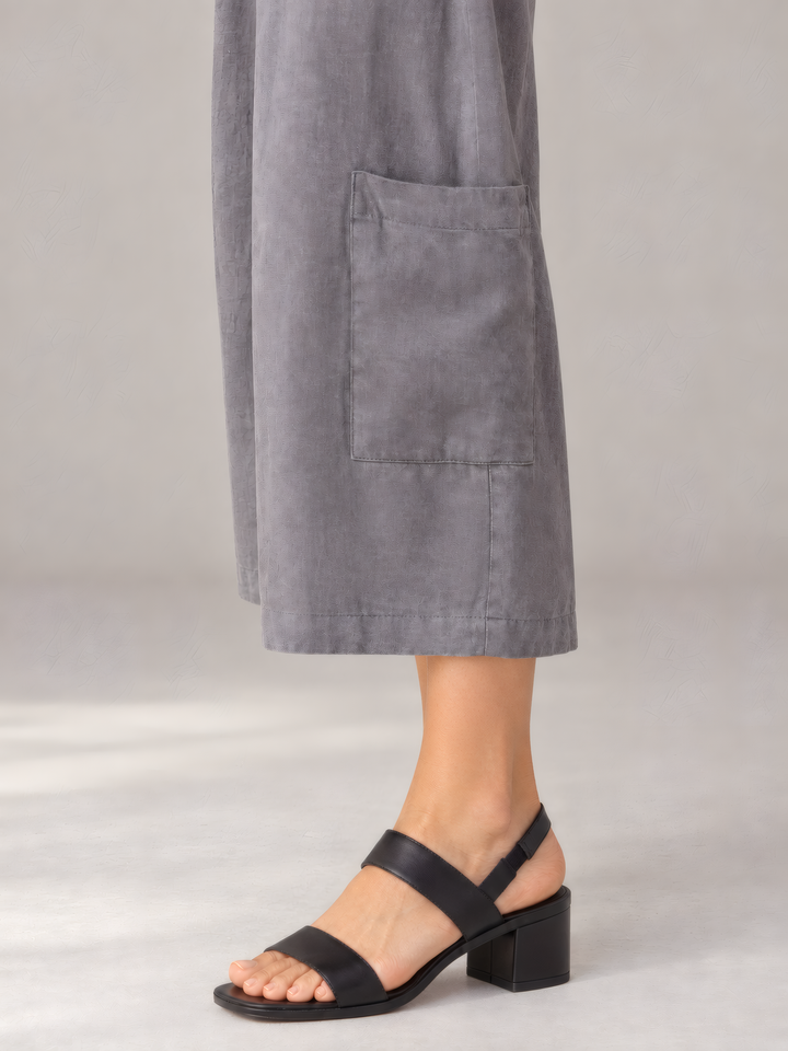 Bryn Walker Light Linen Casbah Pant in Zinc, close up of the fabric and details