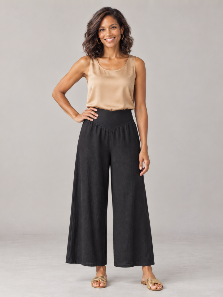 Bryn Walker Light Linen Ella Pant in Black, front view on model