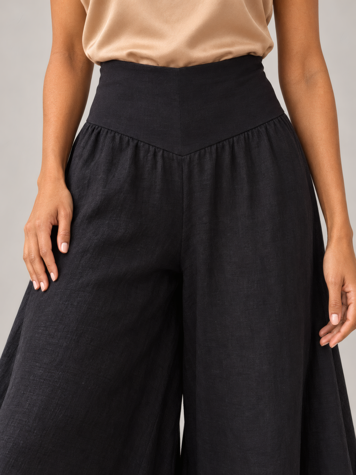 Bryn Walker Light Linen Ella Pant in Black, close up of the fabric and details