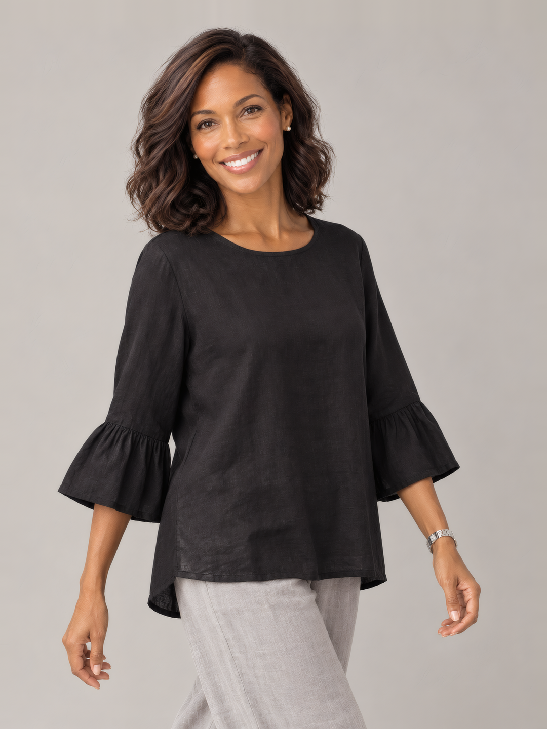 Bryn Walker Light Linen Fran Shirt in Black, front view on model