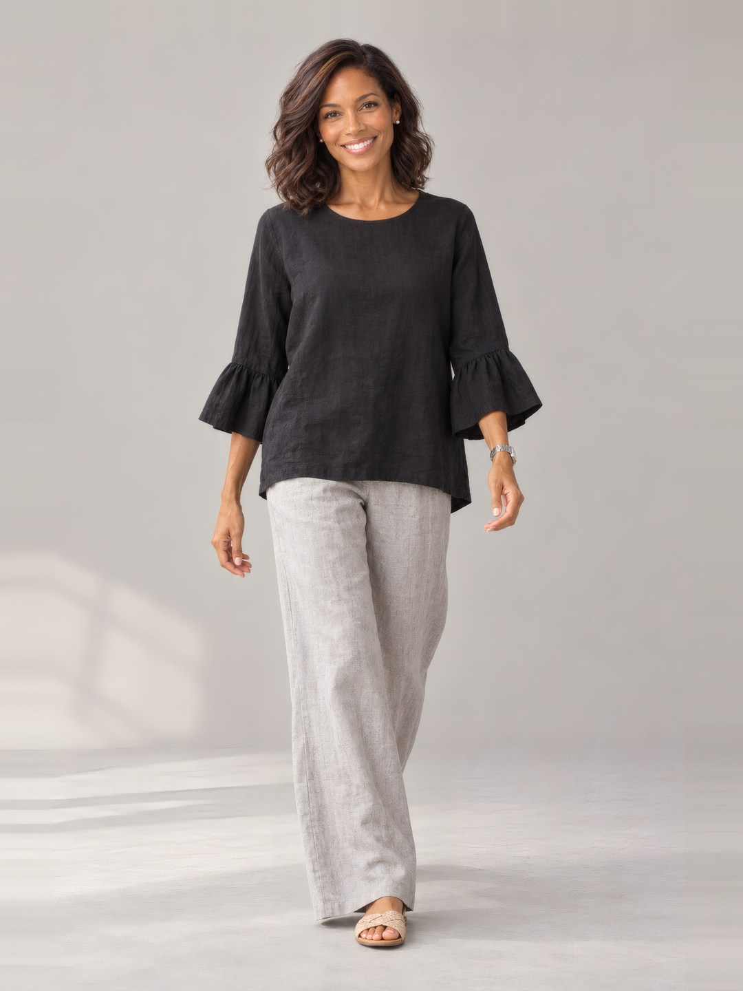Bryn Walker Light Linen Fran Shirt in Black, full outfit on model