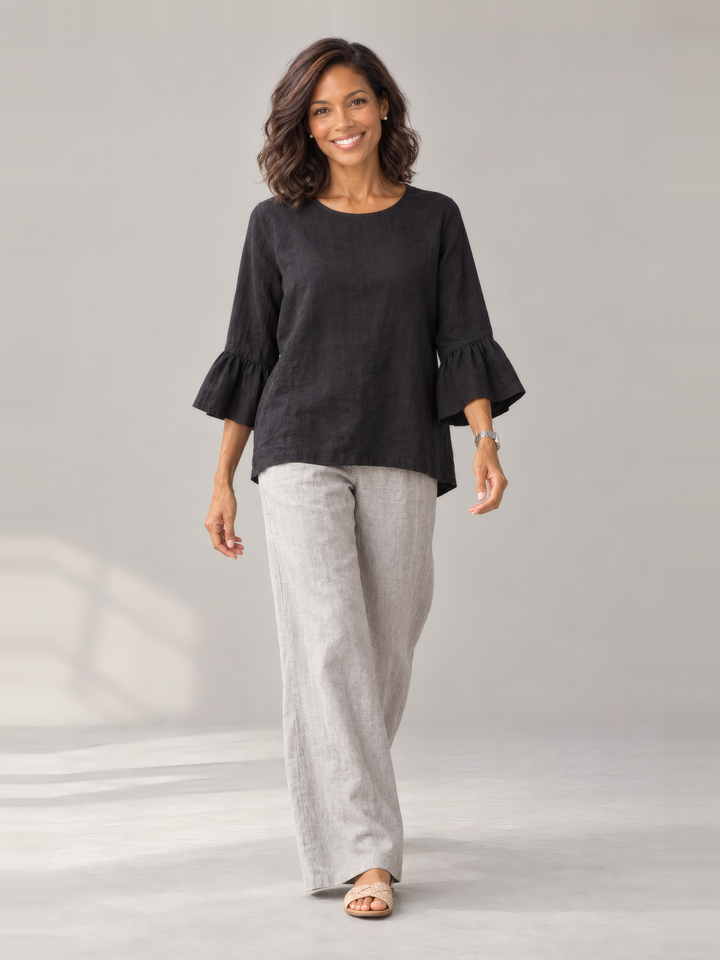 Bryn Walker Light Linen Fran Shirt in Black, full outfit on model
