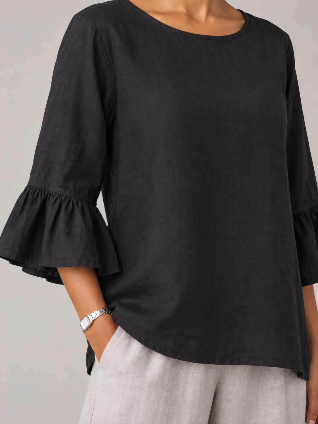 Bryn Walker Light Linen Fran Shirt in Black, close up of the fabric and details