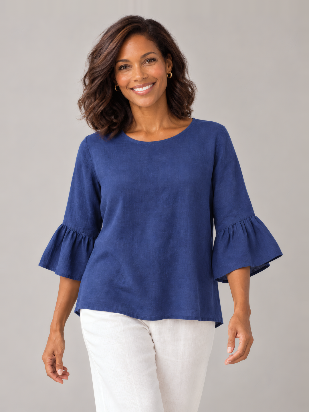 Bryn Walker Light Linen Fran Shirt in Dewberry, front view on model