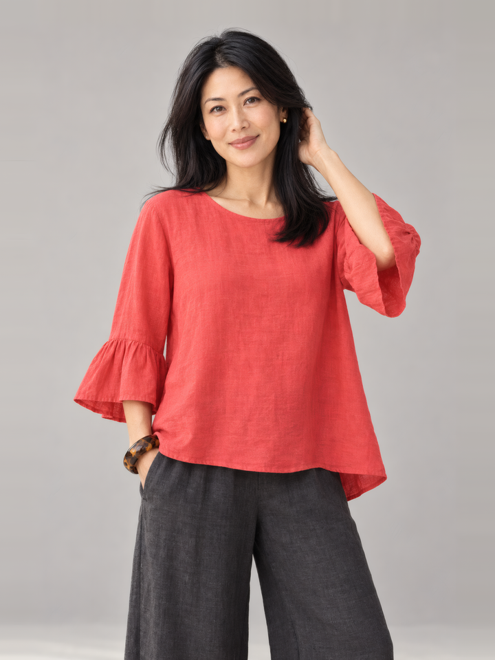 Bryn Walker Light Linen Fran Shirt in Galah, front view on model