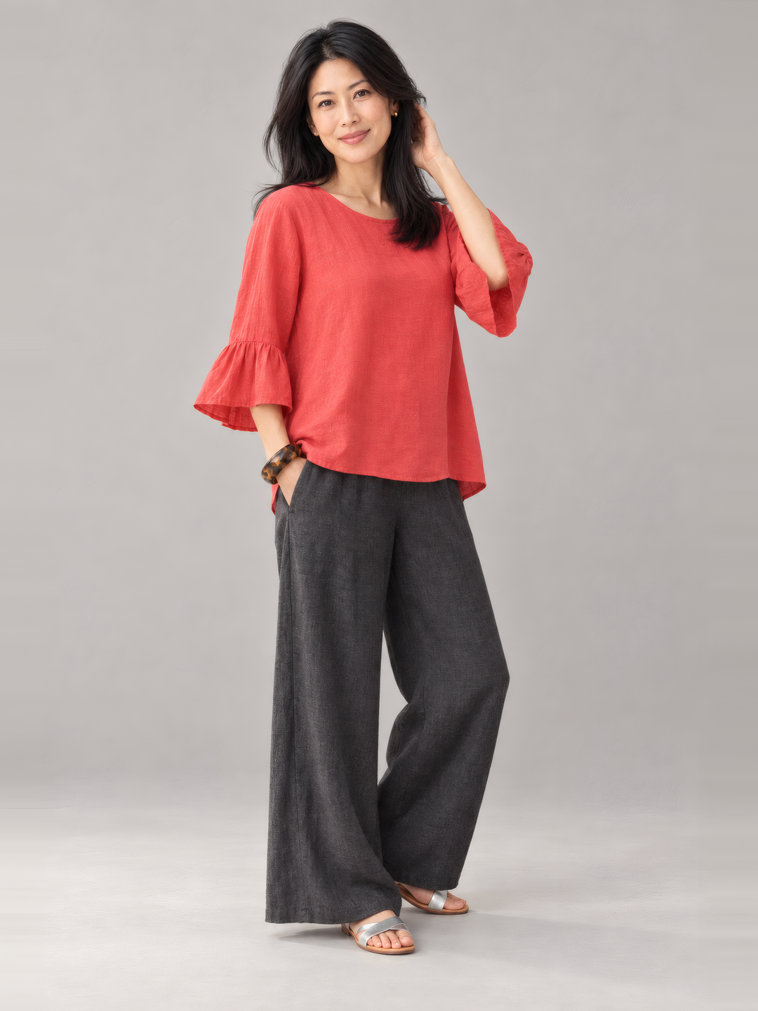 Bryn Walker Light Linen Fran Shirt in Galah, full outfit on model
