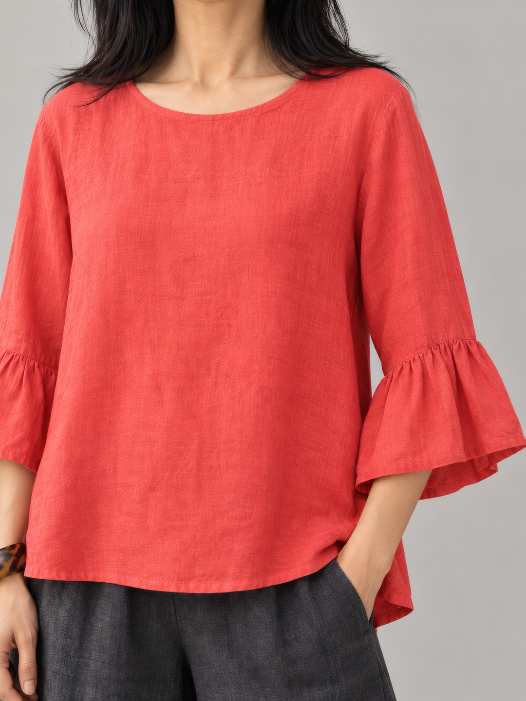 Bryn Walker Light Linen Fran Shirt in Galah, close up of the fabric and details