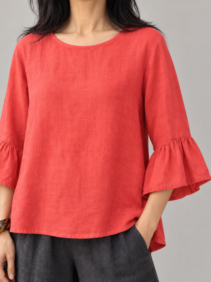 Bryn Walker Light Linen Fran Shirt in Galah, close up of the fabric and details
