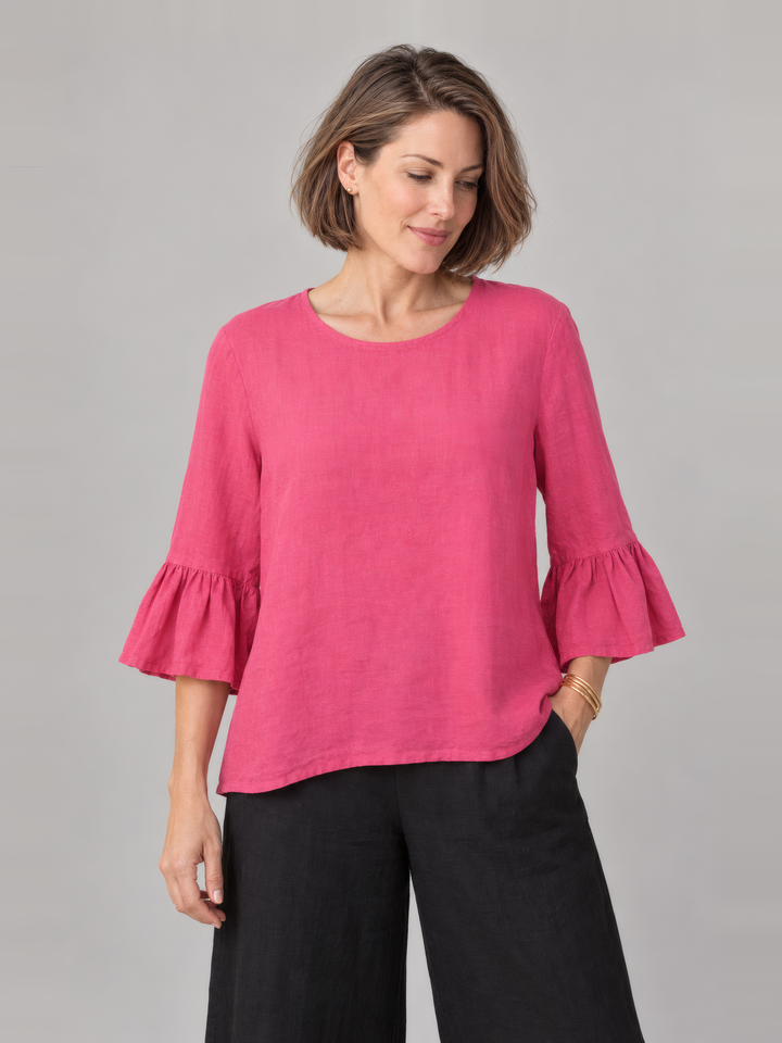Bryn Walker Light Linen Fran Shirt in Nemesia, front view on model