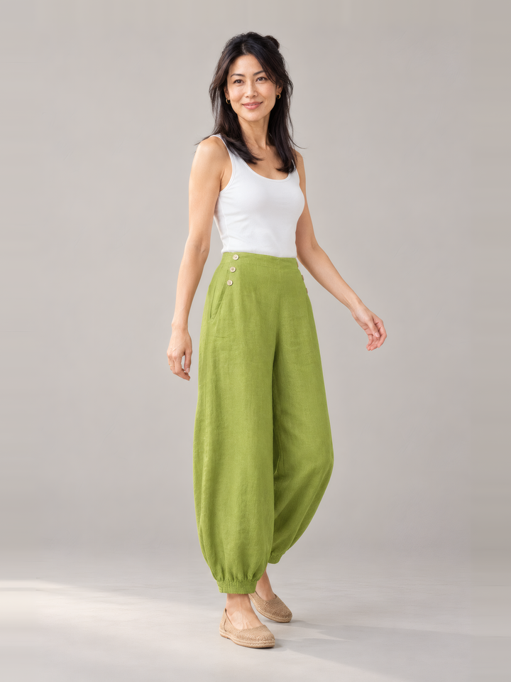 Bryn Walker Light Linen Genie Pant in Lacewing, front view on model