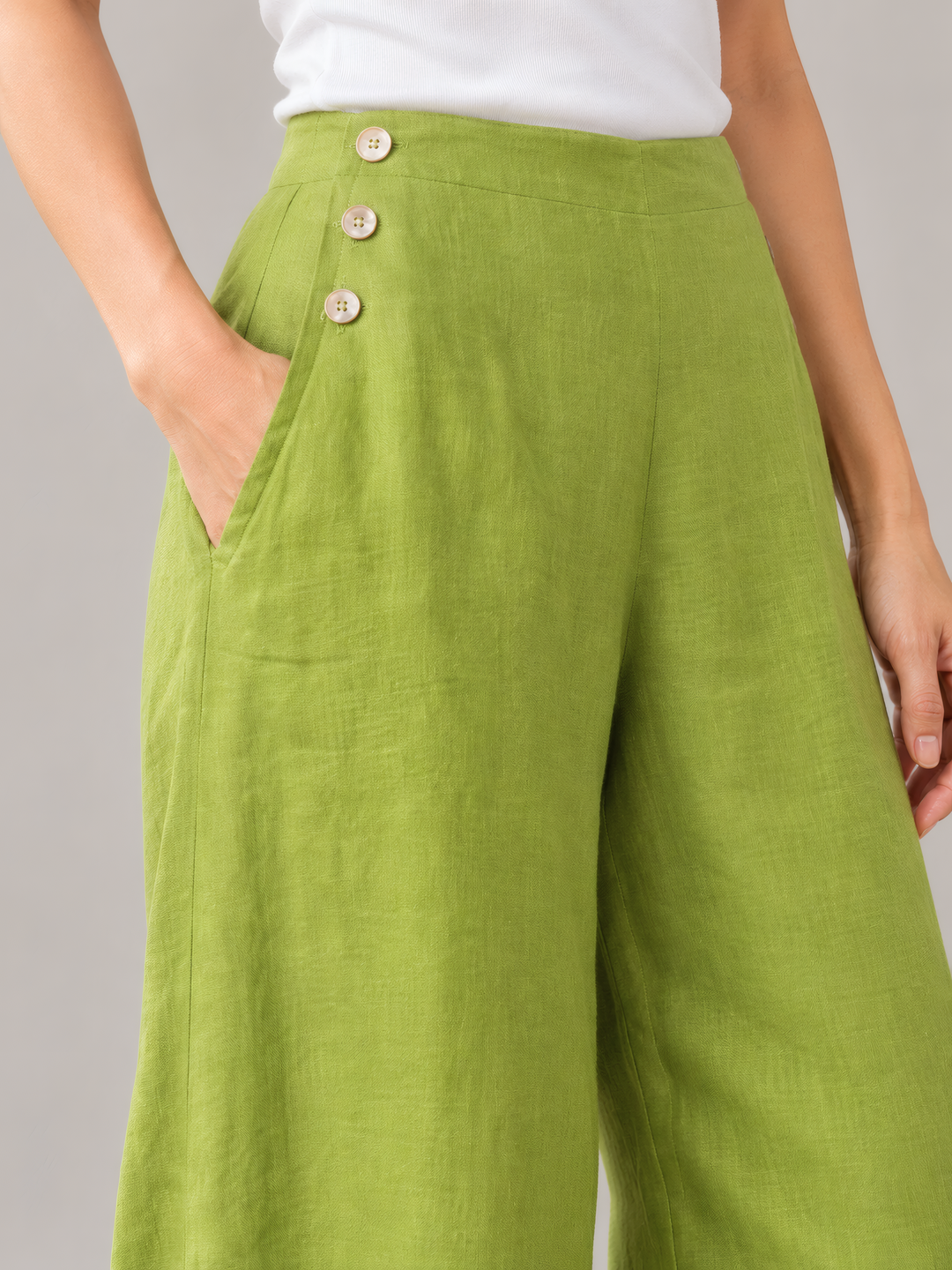 Bryn Walker Light Linen Genie Pant in Lacewing, close up of the fabric and details