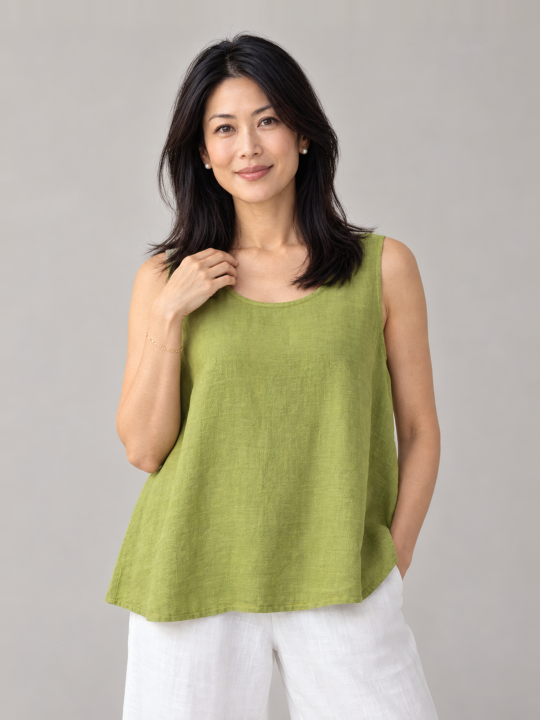 Bryn Walker Light Linen Huxley Tank in Lacewing, front view on model