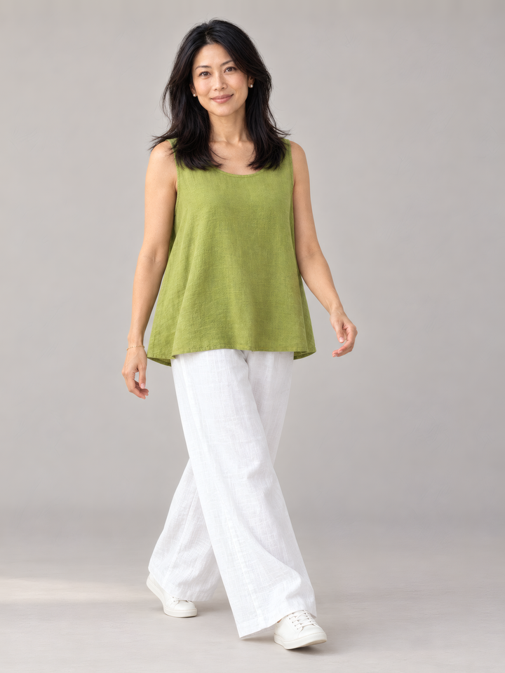 Bryn Walker Light Linen Huxley Tank in Lacewing, full outfit on model