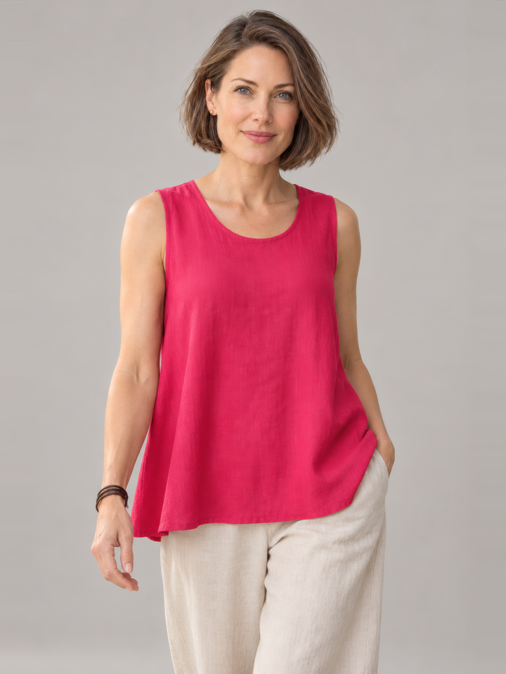 Bryn Walker Light Linen Huxley Tank in Lantana, front view on model