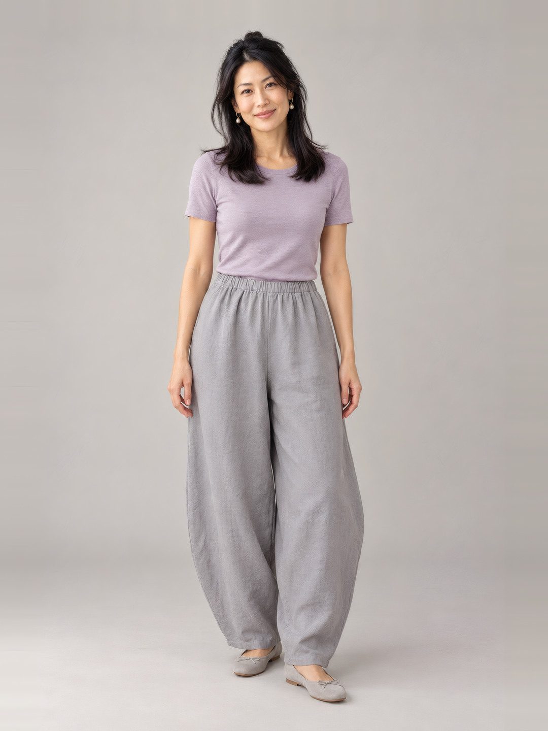 Bryn Walker Light Linen Oliver Pant in Gru, front view on model